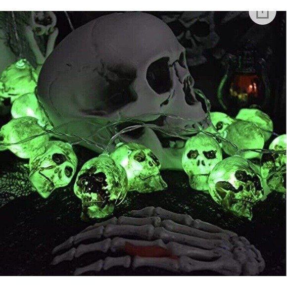 Decor Lot of 2 Halloween Skull String Light 14.5FT 30 LED green - Picture 1 of 2